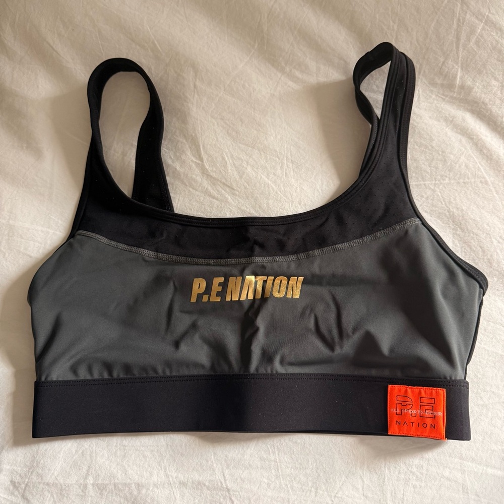 P.E Nation Black & Charcoal Sports Bra with Gold Logo